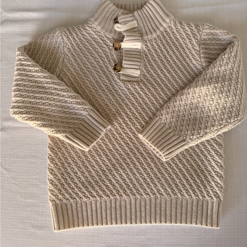 Kids Cream Button-Trim Cable Knit Turtleneck Sweater